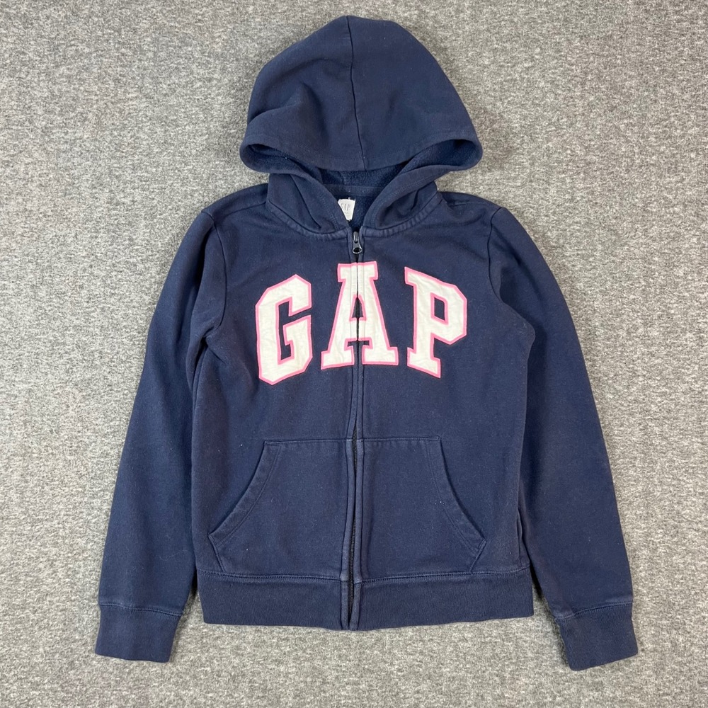 Gap Zip Up Fleece Hoodie Kids XXL Women XS Navy Blue Spellout Logo Y2K Momcore